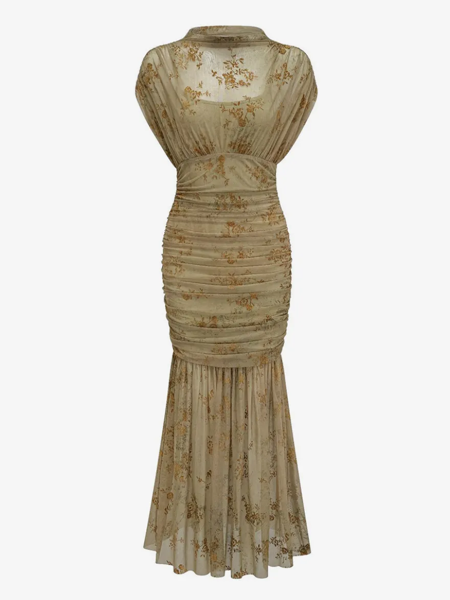 Robe de soirée longue abricot clair col montant plissée manches courtes imprimée