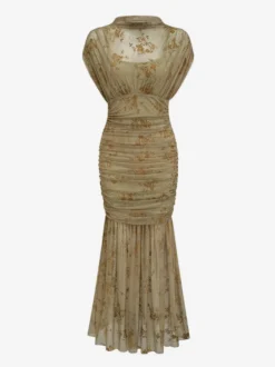 Robe de soirée longue abricot clair col montant plissée manches courtes imprimée