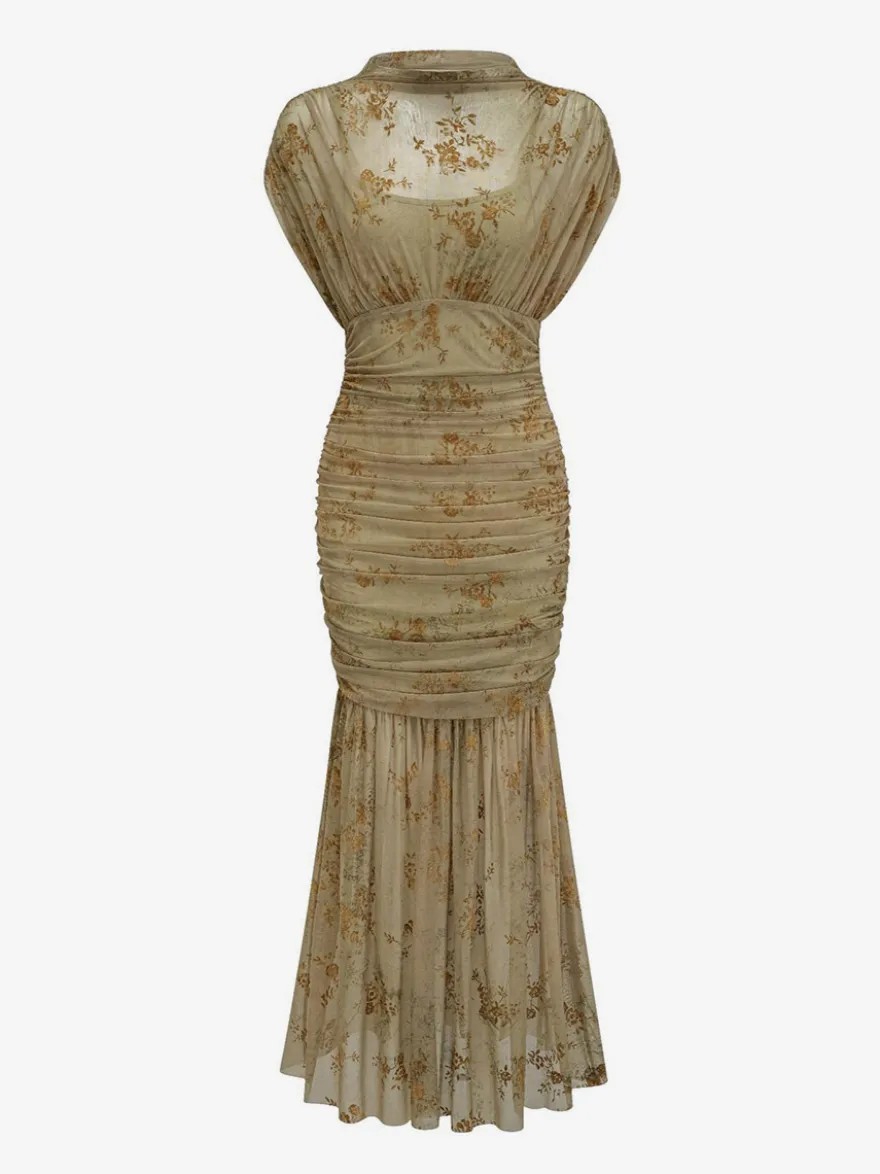Robe de soirée longue abricot clair col montant plissée manches courtes imprimée