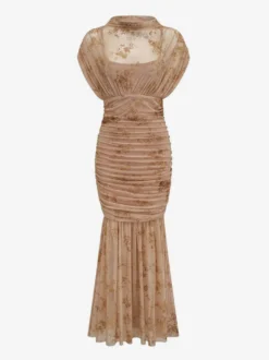 Robe de soirée longue abricot clair col montant plissée manches courtes imprimée