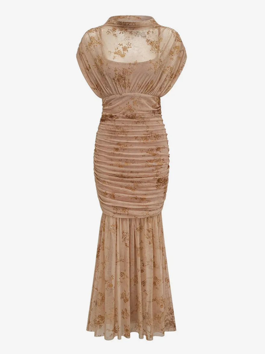Robe de soirée longue abricot clair col montant plissée manches courtes imprimée