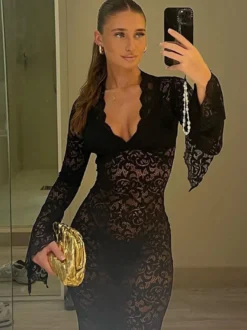 Robe de soirée longue blanche en dentelle à col en V et manches longues transparente sexy et semi-formelle
