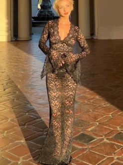 Robe de soirée longue blanche en dentelle à col en V et manches longues transparente sexy et semi-formelle