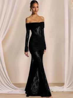 Robe de soirée longue bordeaux à épaules dénudées en dentelle manches longues style semi-formel sexy