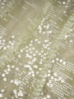 Robe de soirée longue champagne à col montant et sequins manches longues élégante et semi-formelle.