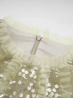 Robe de soirée longue champagne à col montant et sequins manches longues élégante et semi-formelle.