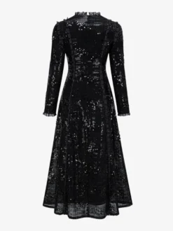 Robe de soirée longue champagne à col montant et sequins manches longues élégante et semi-formelle.