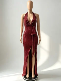 Robe de soirée longue champagne dos nu col V en dentelle fente haute sans manches robe sexy semi-formelle