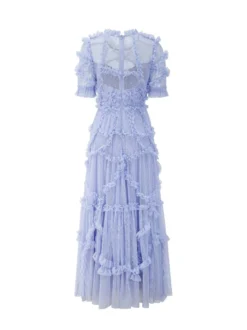 Robe De Soirée Longue Col Haut Volants Manches Courtes À Pois Robe Semi-Formelle