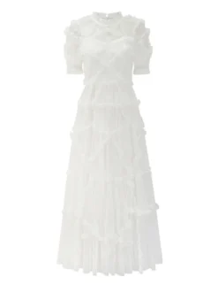 Robe De Soirée Longue Col Haut Volants Manches Courtes À Pois Robe Semi-Formelle