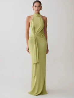 Robe de soirée longue dos nu à bretelles croisées et fente latérale robe moulante froncée