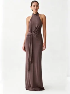 Robe de soirée longue dos nu à bretelles croisées et fente latérale robe moulante froncée