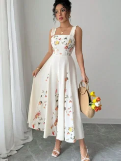Robe de soirée longue dos nu à fleurs plissée sans manches à imprimé floral et col carré