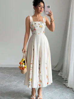 Robe de soirée longue dos nu à fleurs plissée sans manches à imprimé floral et col carré