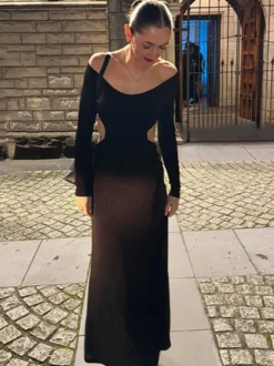 Robe de soirée longue dos nu à manches longues et col ras du cou pour femme 2026