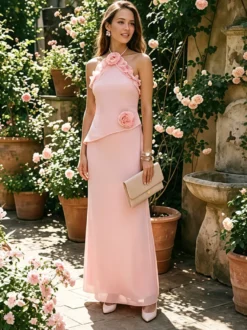 Robe de soirée longue en satin à imprimé floral rose dos nu et fente froncée