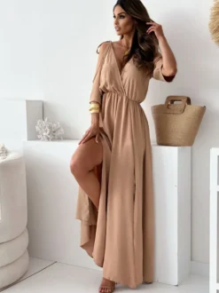 Robe de soirée longue kaki à col en V volants manches mi-longues et évasées élégante et semi-formelle.