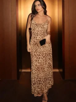 Robe de soirée longue léopard à bretelles et col montant coupe chic et semi-formelle