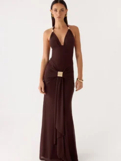 Robe de soirée longue marron café col en V sans manches sexy semi-formelle