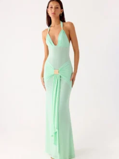 Robe de soirée longue marron café col en V sans manches sexy semi-formelle