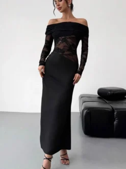 Robe de soirée longue marron café épaules dénudées dentelle manches longues coupe élégante semi-formelle