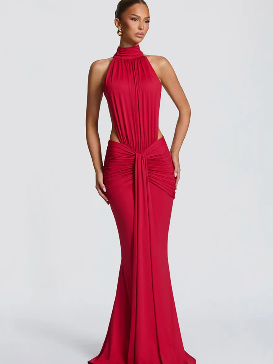 Robe de soirée longue marron café dos nu plissée sans manches chic et semi-formelle
