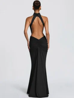 Robe de soirée longue marron café dos nu plissée sans manches chic et semi-formelle