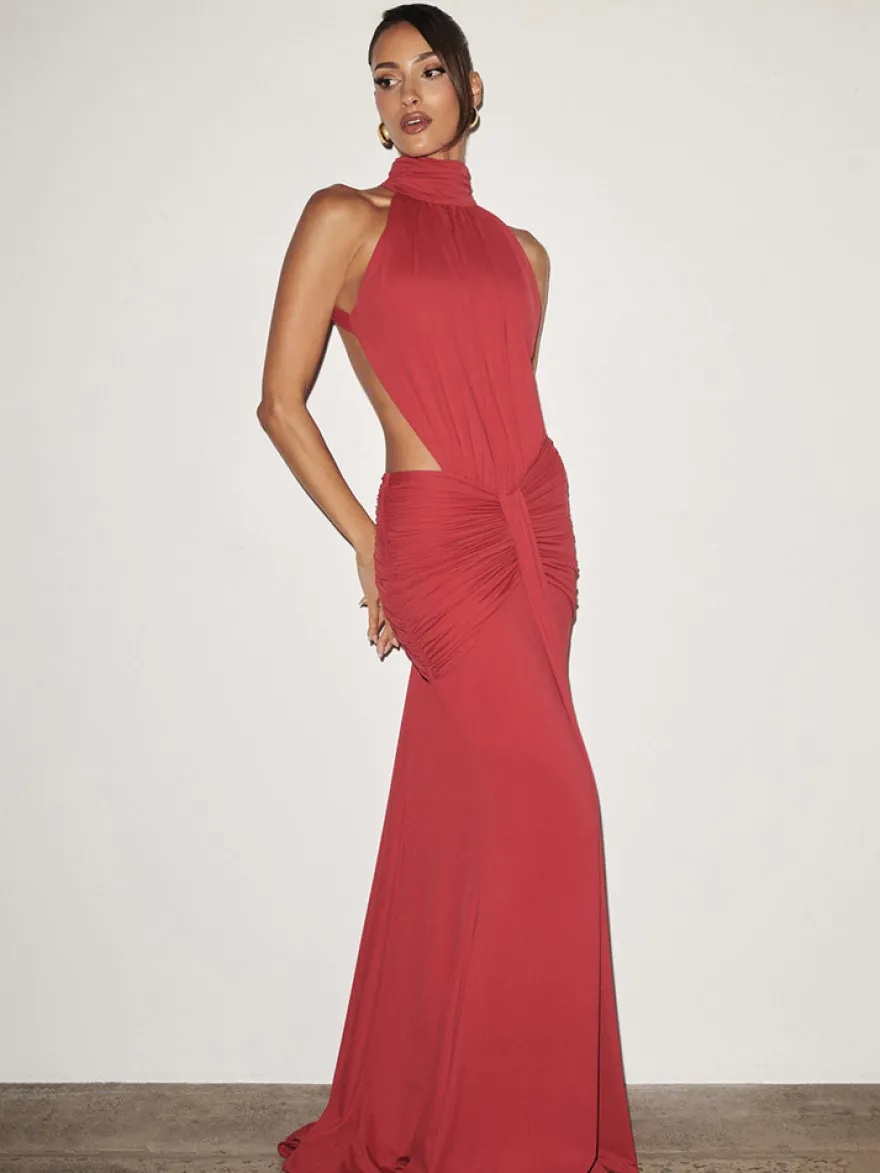 Robe de soirée longue marron café dos nu plissée sans manches chic et semi-formelle