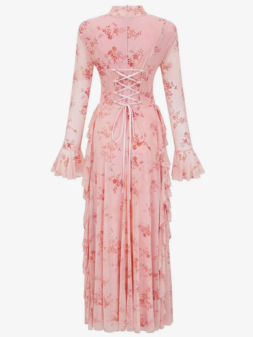 Robe de soirée longue marron foncé à col montant et manches longues évasées imprimé floral.