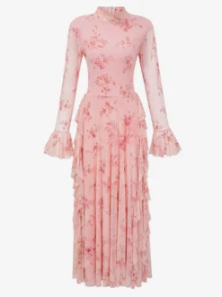 Robe de soirée longue marron foncé à col montant et manches longues évasées imprimé floral.