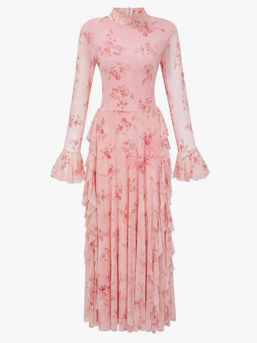 Robe de soirée longue marron foncé à col montant et manches longues évasées imprimé floral.