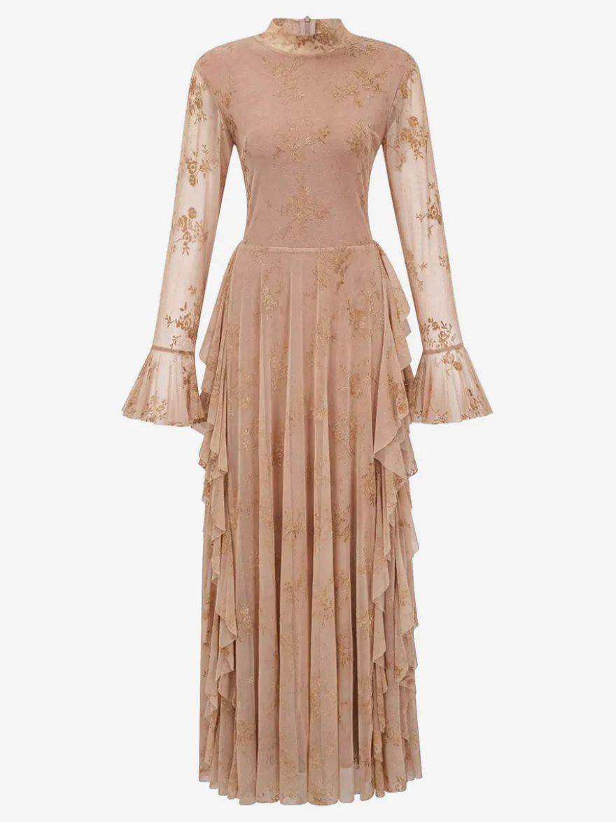 Robe de soirée longue marron foncé à col montant et manches longues évasées imprimé floral.