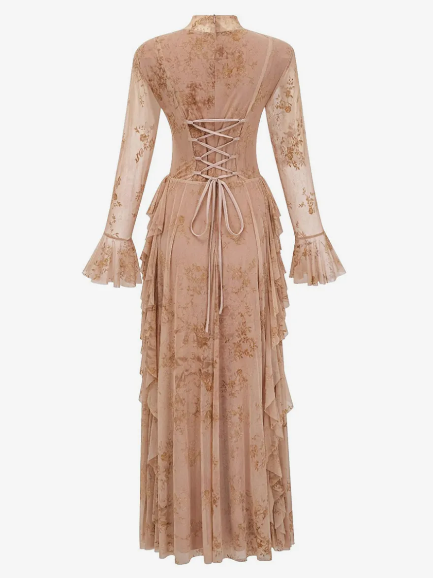Robe de soirée longue marron foncé à col montant et manches longues évasées imprimé floral.