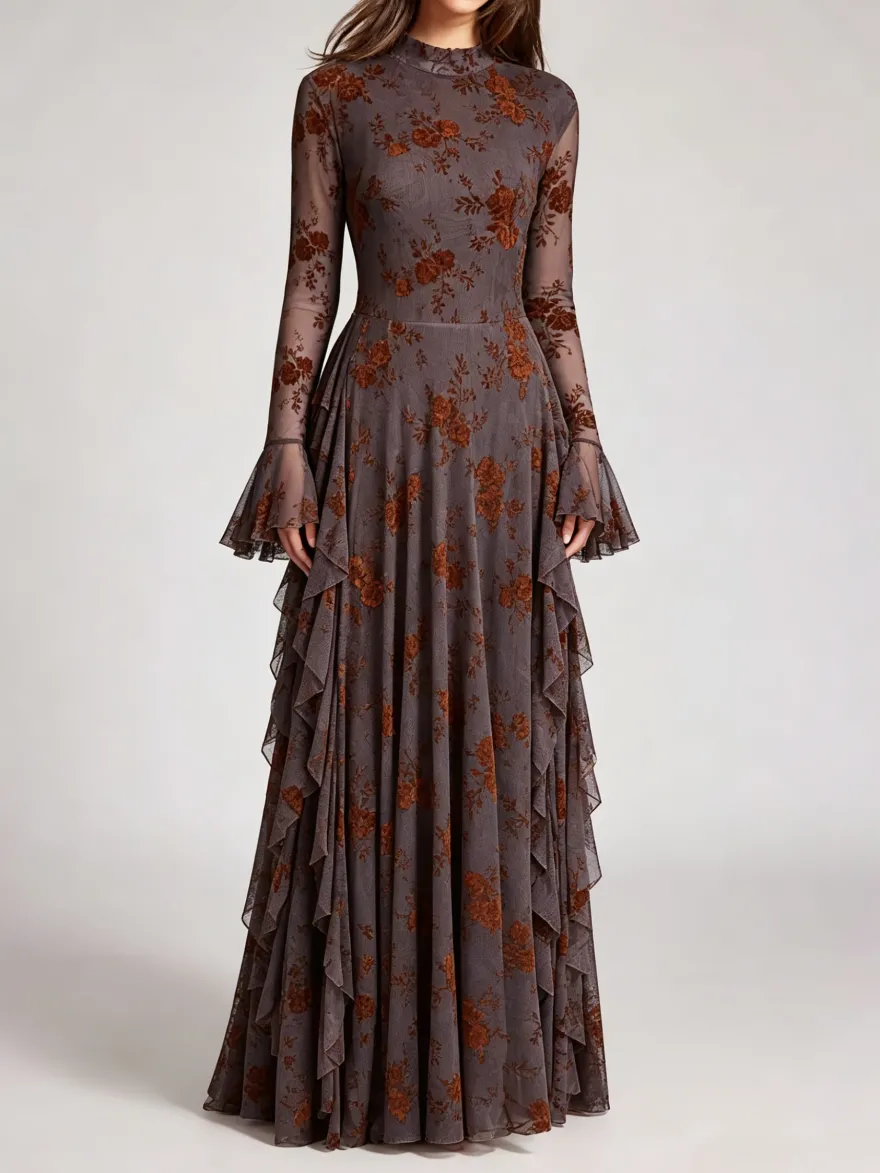 Robe de soirée longue marron foncé à col montant et manches longues évasées imprimé floral.