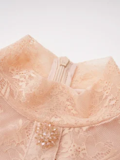 Robe de soirée longue maxi à col montant en dentelle et manches longues à volants style victorien vintage.