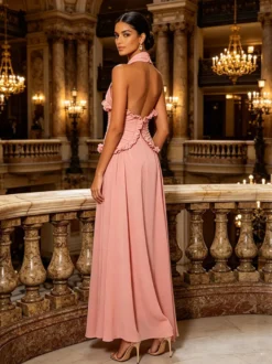 Robe de soirée longue maxi fluide à volants col halter et col V sans manches plissée et à col V idéale pour les mariages.