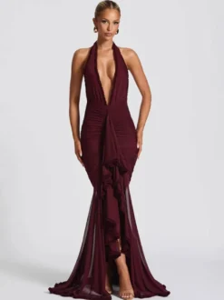 Robe de soirée longue noire à col V plissée sans manches sexy et semi-formelle
