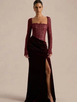 Robe de soirée longue noire à col carré et manches longues bicolore sexy et semi-formelle