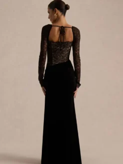 Robe de soirée longue noire à col carré et manches longues bicolore sexy et semi-formelle