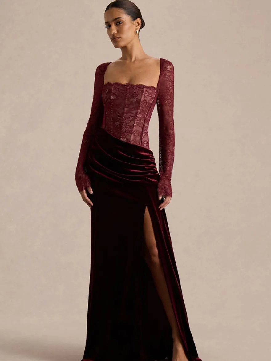 Robe de soirée longue noire à col carré et manches longues bicolore sexy et semi-formelle