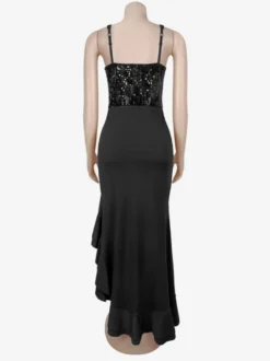 Robe de soirée longue noire à sequins col carré sans manches dos nu fente haute style sirène sexy et semi-formelle