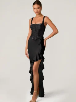 Robe de soirée longue noire à sequins col carré sans manches dos nu fente haute style sirène sexy et semi-formelle