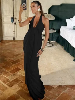 Robe de soirée longue plissée à décolleté plongeant et dos nu style fluide dos nu