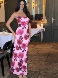 Robe de soirée longue rose à bretelles sans manches imprimée style décontracté/semi-formel
