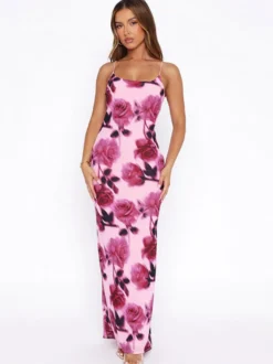 Robe de soirée longue rose à bretelles sans manches imprimée style décontracté/semi-formel