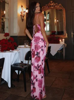 Robe de soirée longue rose à bretelles sans manches imprimée style décontracté/semi-formel