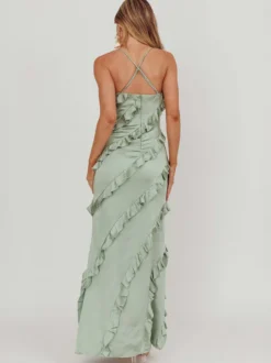Robe de soirée longue rose à bretelles et volants au col sans manches style décontracté/semi-formel idéale pour l'été.