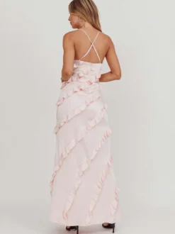 Robe de soirée longue rose à bretelles et volants au col sans manches style décontracté/semi-formel idéale pour l'été.