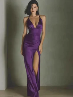 Robe de soirée longue rouge foncé à col halter et lacets sans manches dos nu chic et semi-formelle