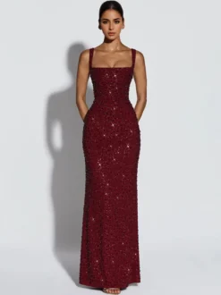 Robe de soirée longue à sequins scintillants pour femme - Col carré coupe ajustée dos lacé robe sirène moulante - Gala d'été 2026